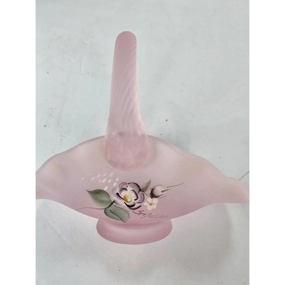 2001 Fenton Hand Painted Pink Chiffon Opalescent Satin Mini Basket S. Miller